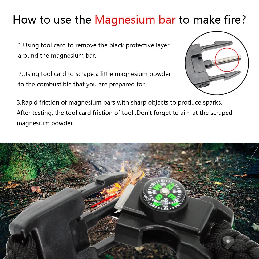 20 in 1 Survival Paracord Bracelet Adjustable Gear Kit with SOS LED Light, Fire