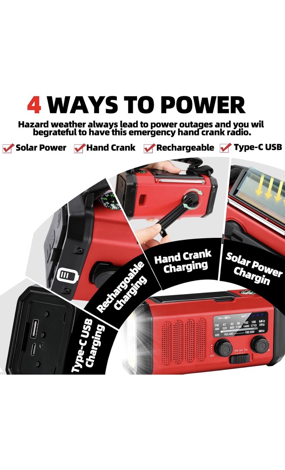 Emergency Hand Crank Solar Radio, Flashlight, LED Lamp, SOS Alarm, Red/Black