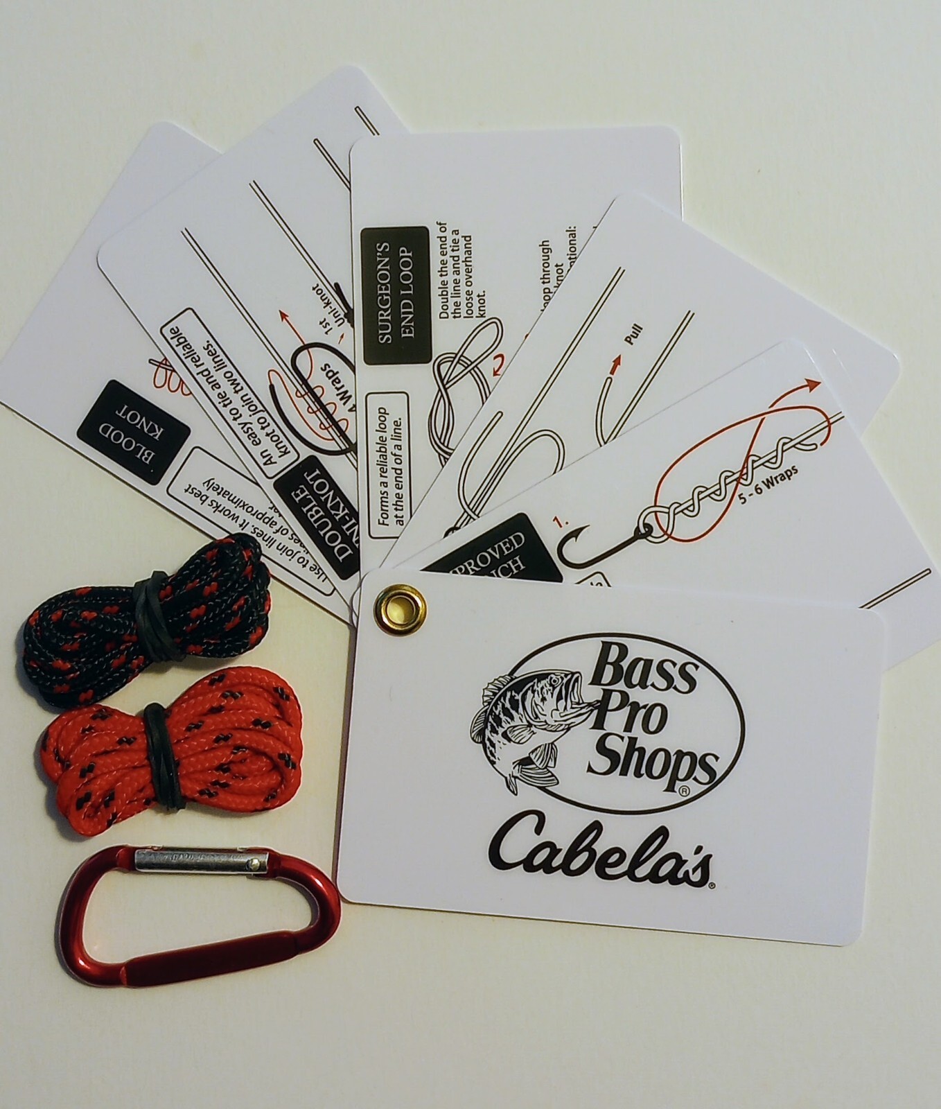 Cabela’s Knot Tying Kit Wallet Size Cards – 2 Practice Cords – Carabiner NEW