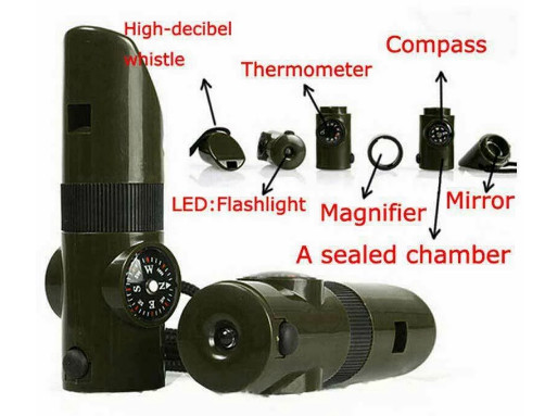 7 in 1 Compass Light Fire Starter Emergency Whistle Survival Camping Multi Tool