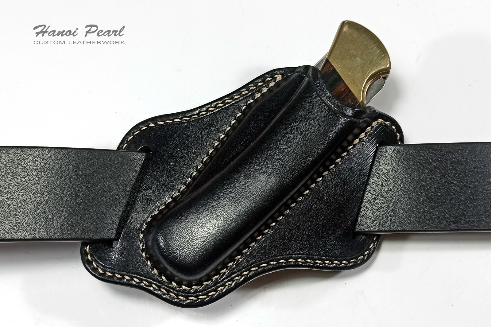 Custom Black 45 Degree Canted Leather Sheath for Buck 110 Folding Hunter