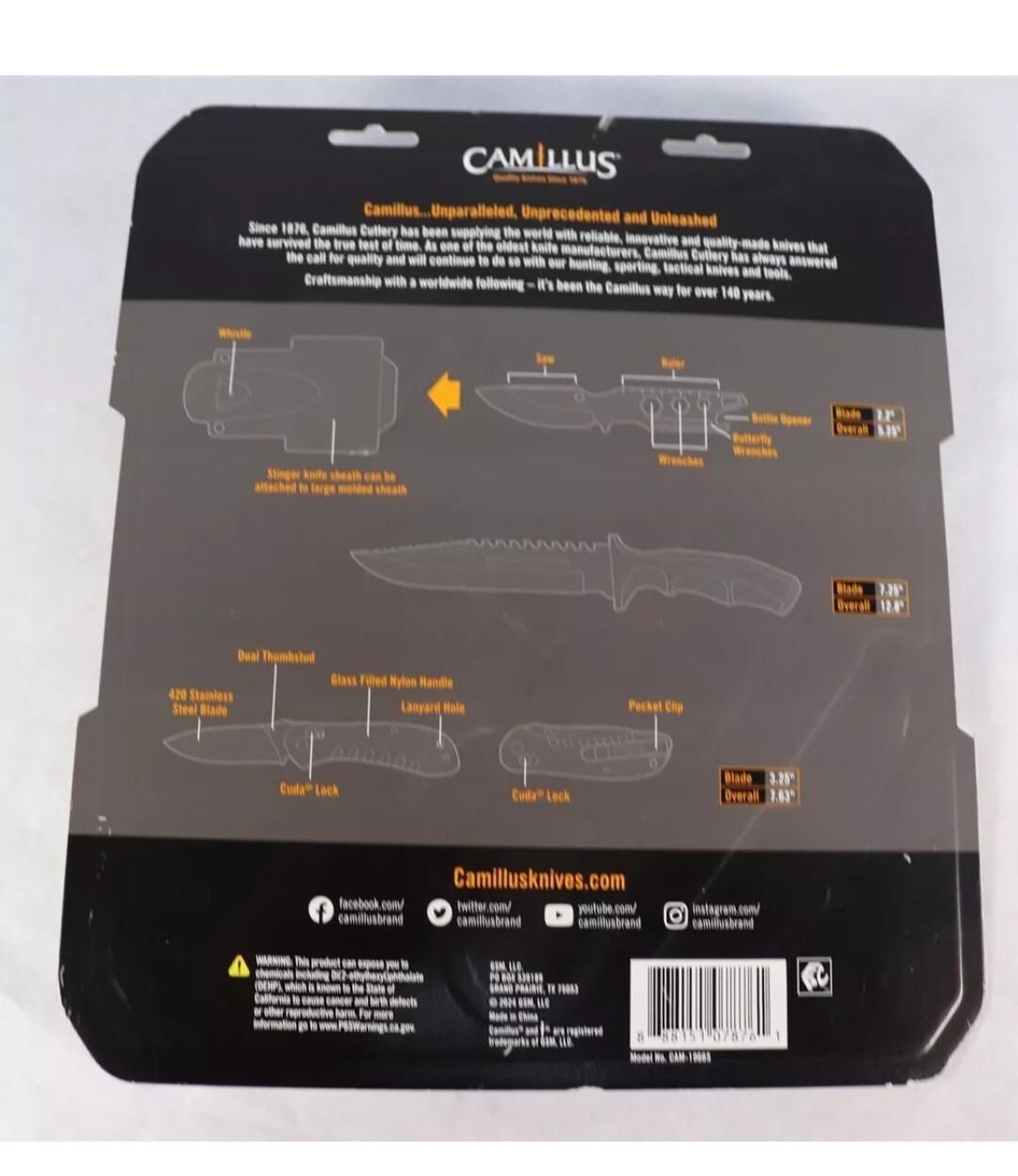 Camillus Warrior Pack 12.8 Survival Knife, Stinger Knife, Folding Knife, Whistle