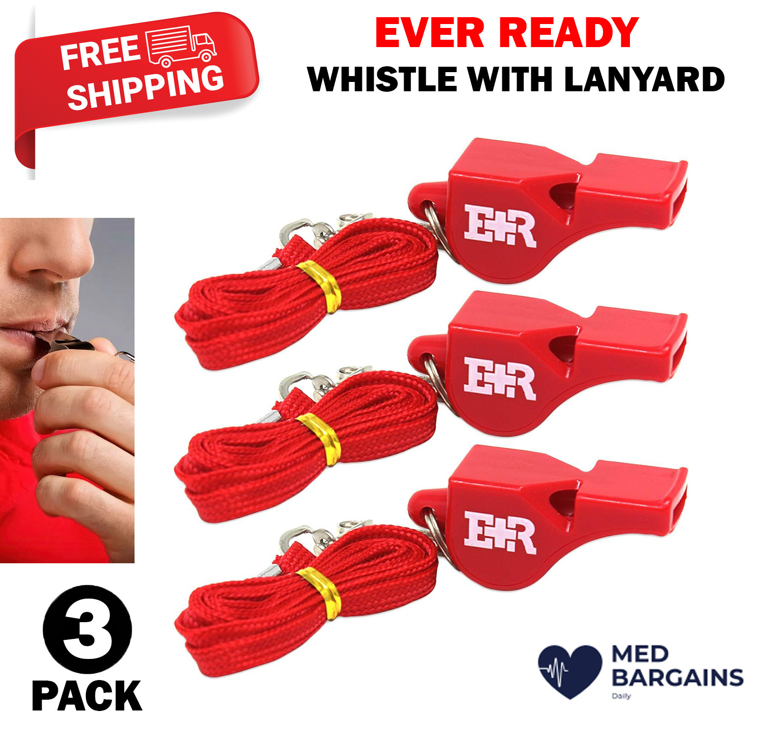 Ever Ready First Aid Lifeguard Coach Sports Whistle with Lanyard Red – 3 Pack