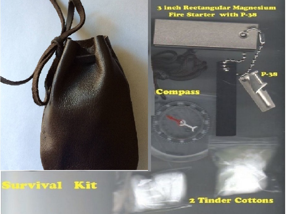 FIRE STEEL KIT MAG FIRESTARTER + P31+COMPASS+ WHISTLE -LEATHER POUCH+ Box Cutter