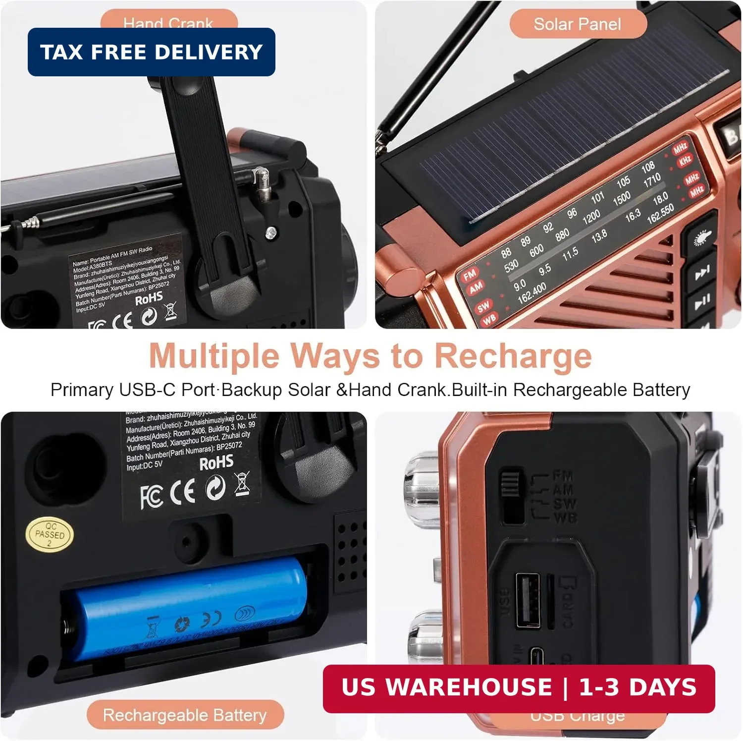 Hand Crank Emergency Weather Radio with 2600mAh/9620mWh Power Bank, NOAA AM FM S