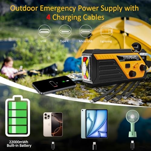 Emergency Radio with 4 Charging Cables, 22000mWh AM FM NOAA Weather Yellow