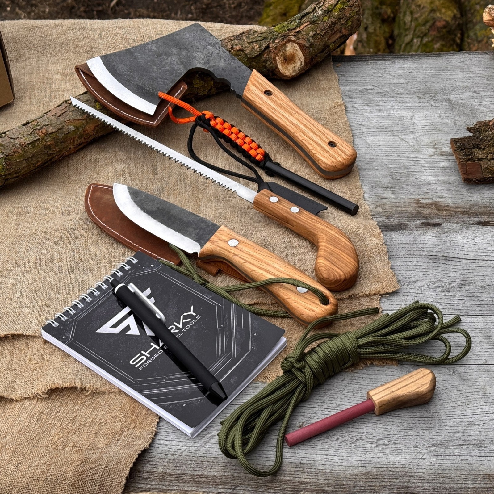 All in 1 Survival Bushcraft Camping Kit Axe Knife Saw Ferro Rod Sharpening Tool