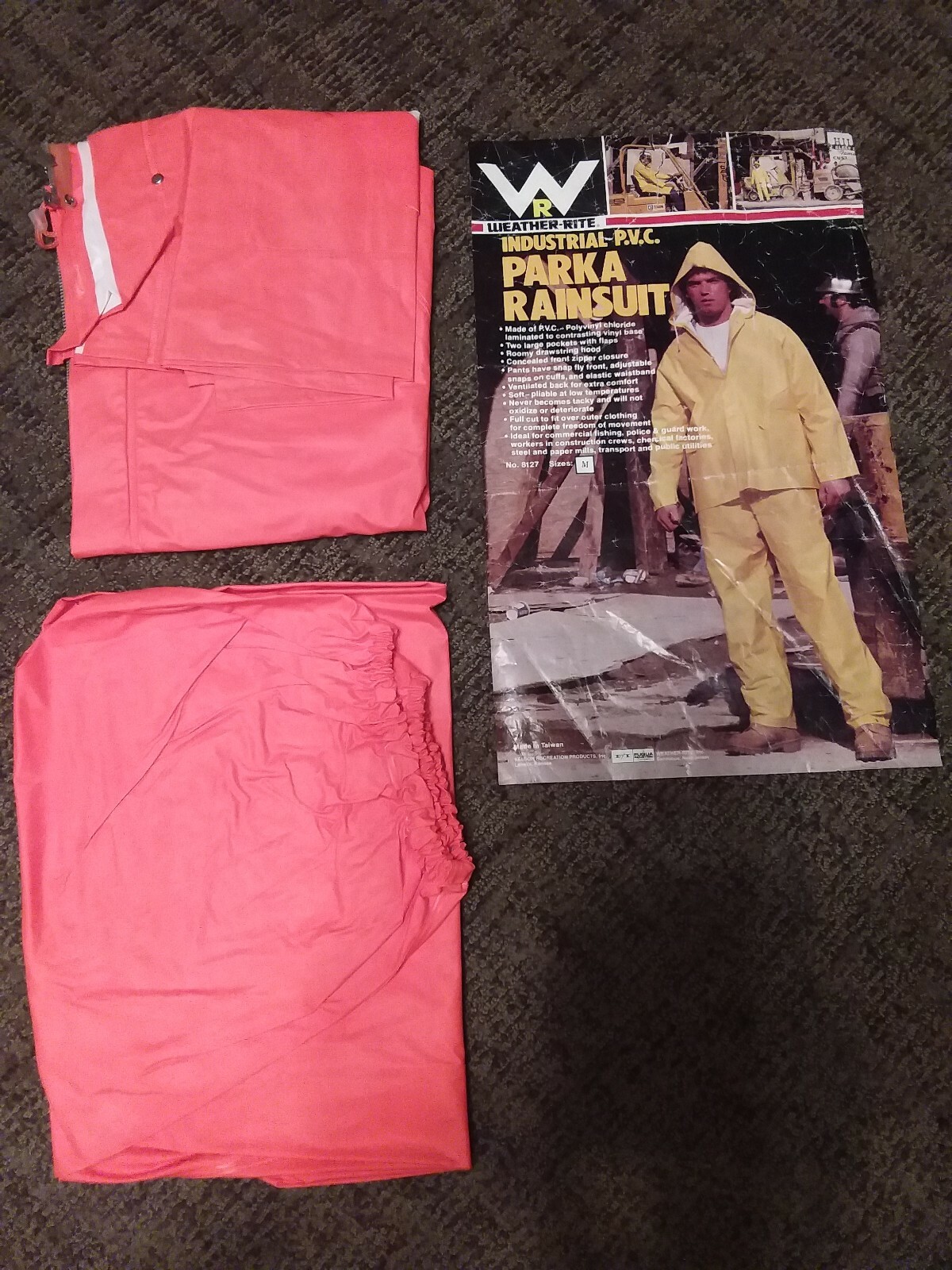 NOS Weather-Rite Fabric / PVC Coated 2 Pc + Hood Heavy Duty Rainsuit, Size M
