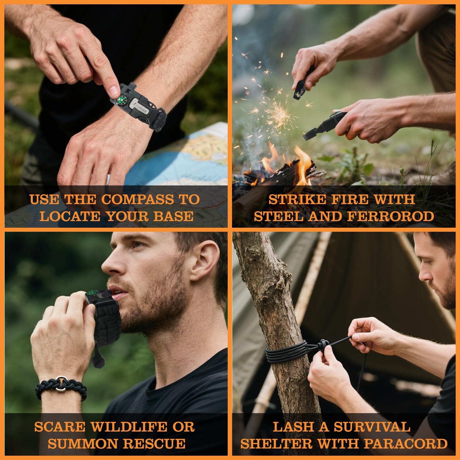 Paracord Survival Bracelet (3 Pack) – Adjustable with Fire Starter, Whistle, …