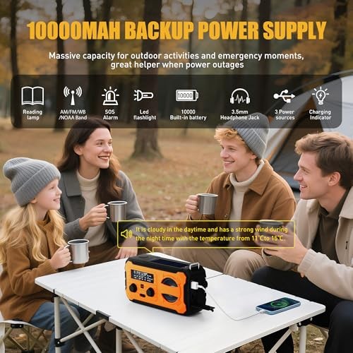 Hand Crank Emergency Radio, 10000mAh Weather Radio with AM/FM/NOAA, Orange