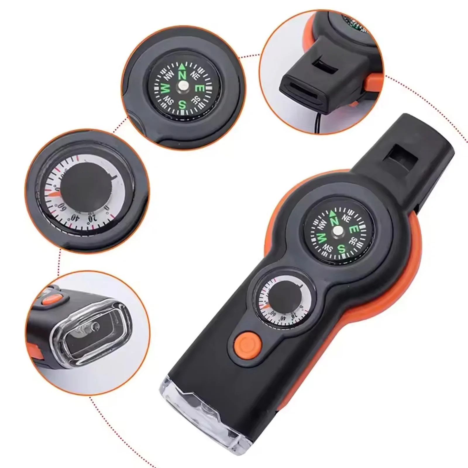 7-in-1 Survival Whistle with LED Light Thermometer for Hiking Camping