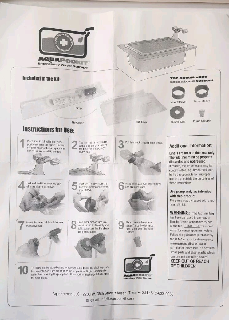 New Unused AquaPod Kit Temporary In-Home Bathtub Emergency Water Storage 65 Gal
