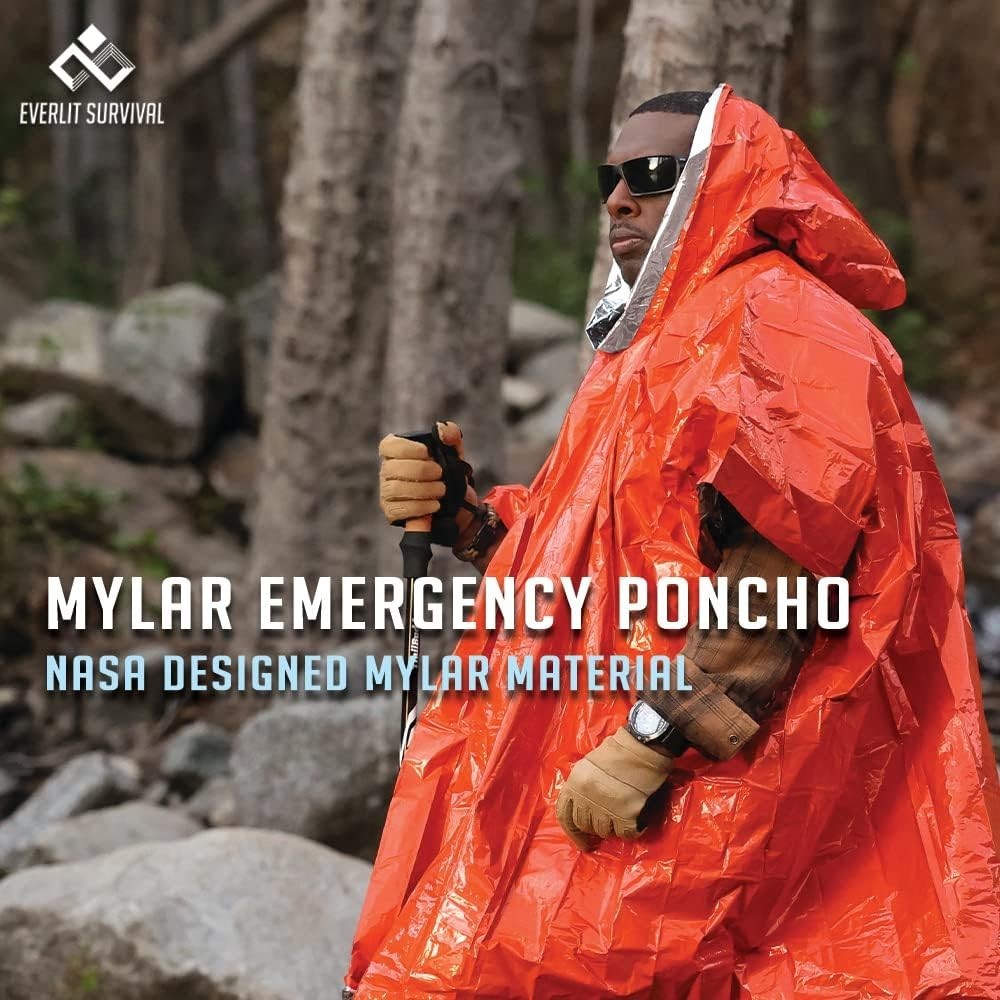 Survival Rain Poncho Emergency Mylar Space Blanket Camping Gear-Retain 90% of