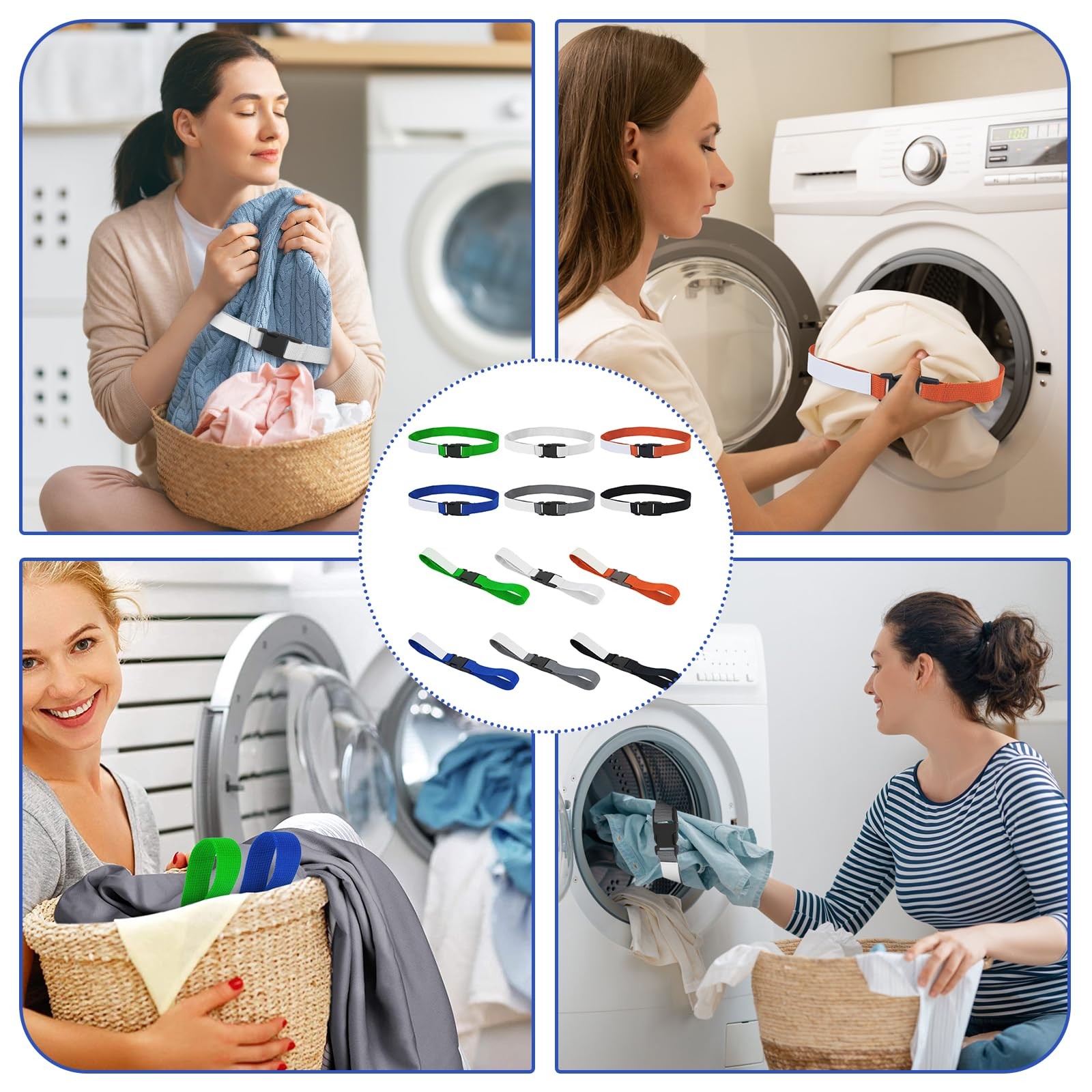 12pcs Laundry Strap with Medium, White, Gray, Black, Orange, Green, and Blue.