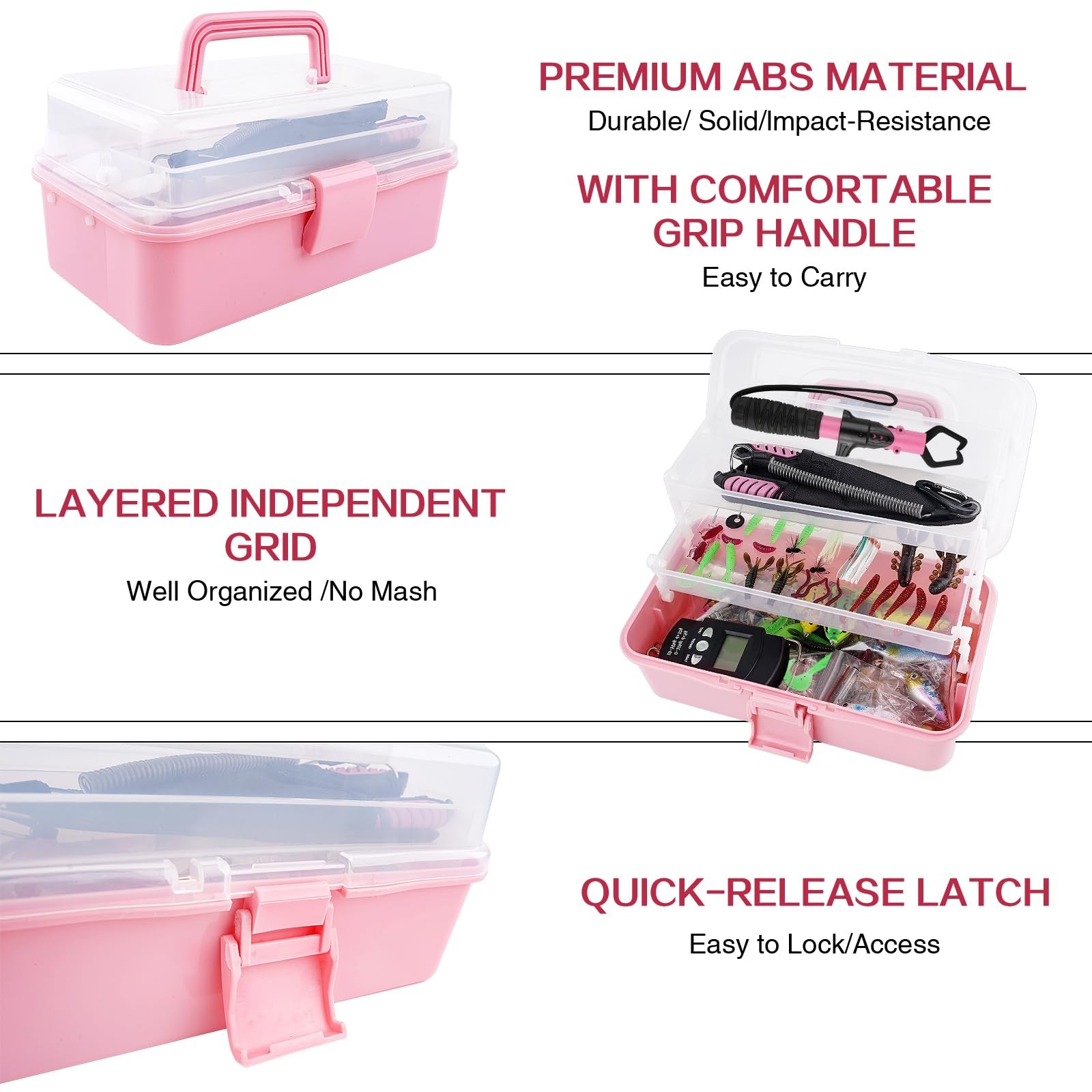 3-Layer Pink Fishing Tackle Box with Included, Tools Kit