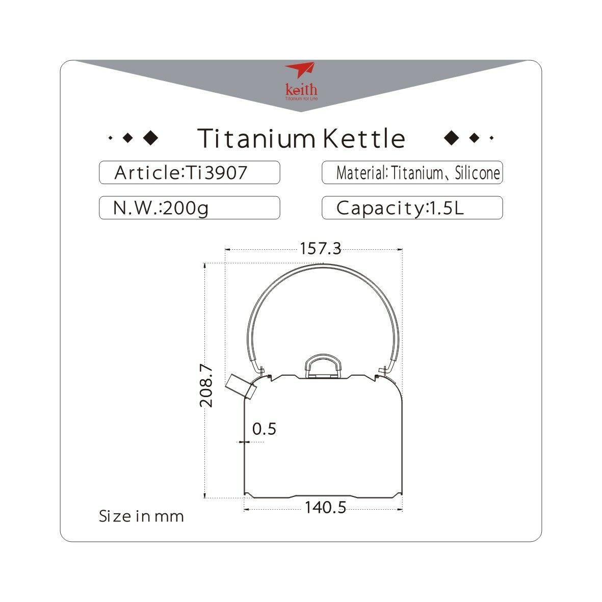 Keith Titanium Ti3907 Kettle – 1.5 L (Shipped from California, USA)