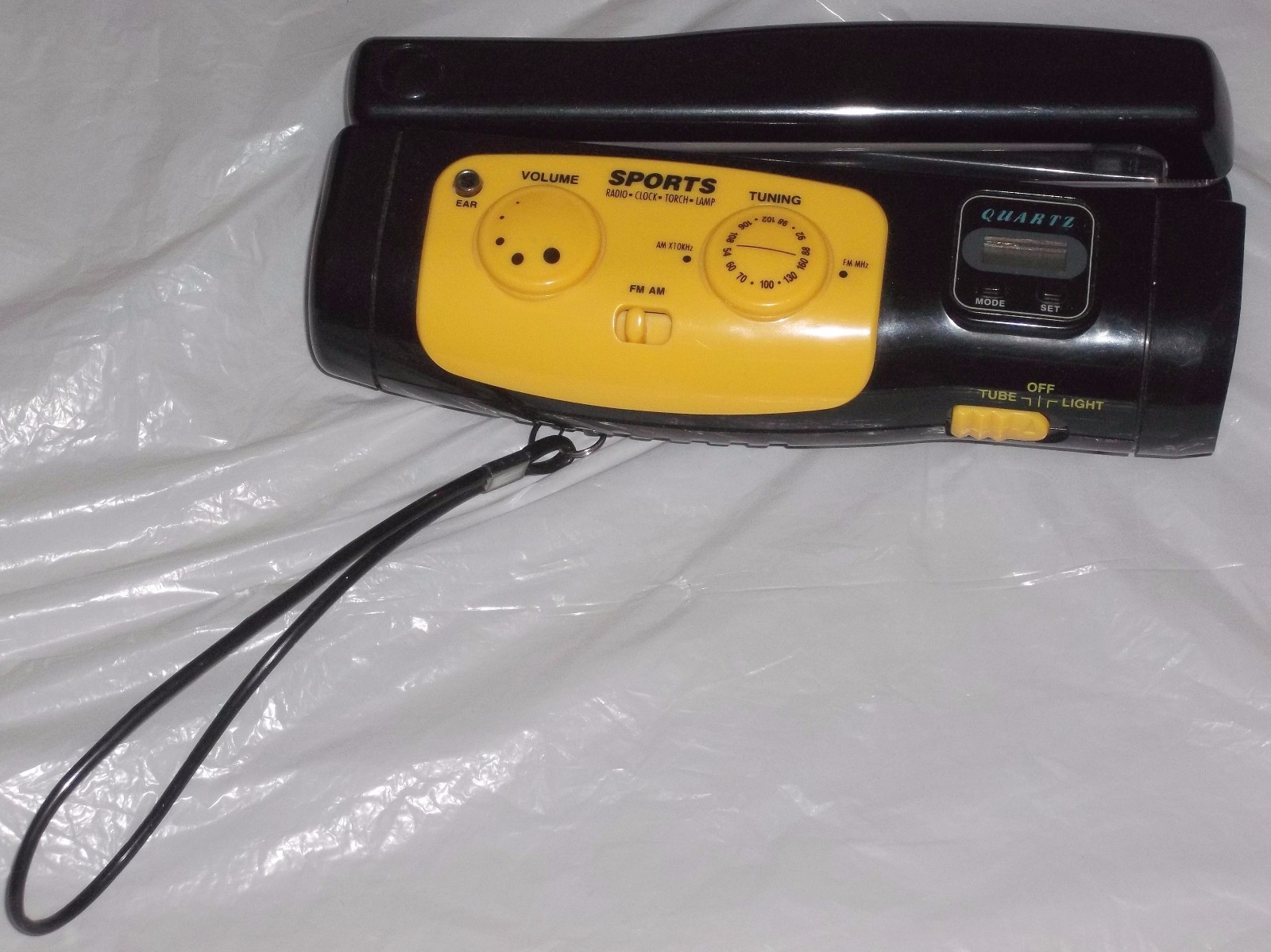 Sport AM/FM Radio Clock Torch Flashlight (Lamp) Black w/Yellow Trim, Adjust Lamp