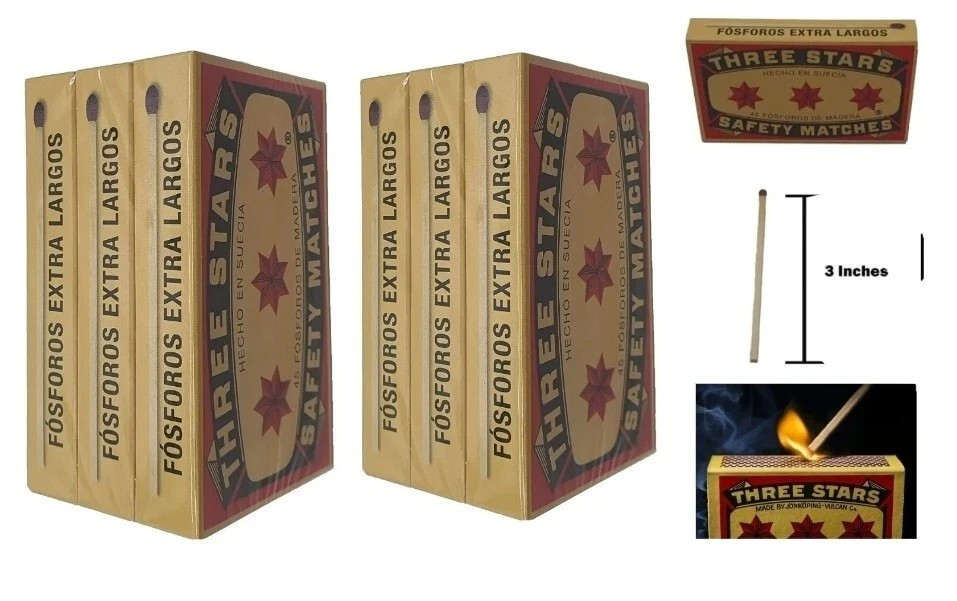 New Swedish Match Three Stars Extra Long Safety Matches 6 Packs of 45 Strike