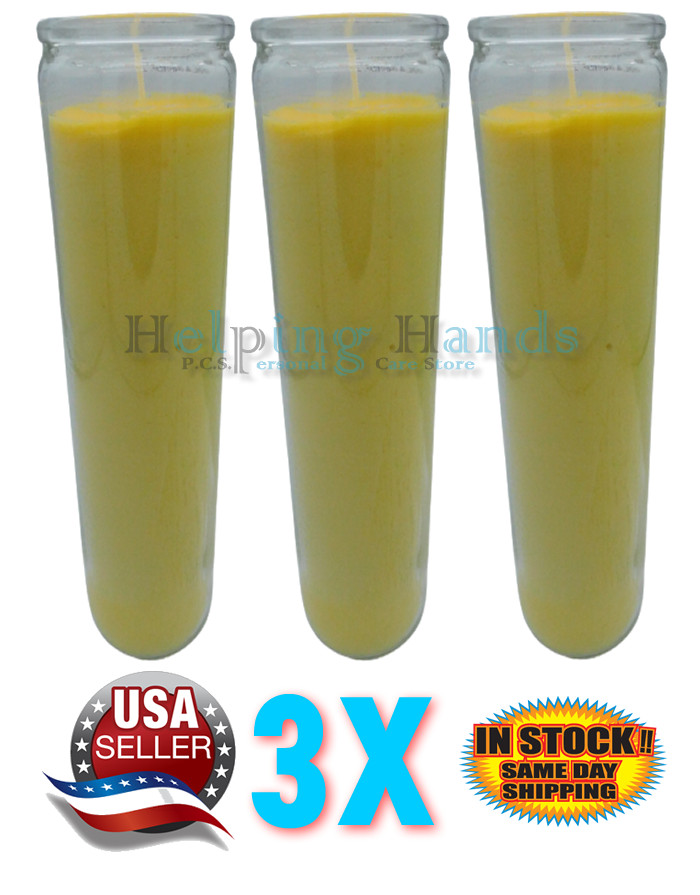 Original 80 Hour Hand Crafted Yellow Candles Set of 3 Beautiful Glass Case 8Inch
