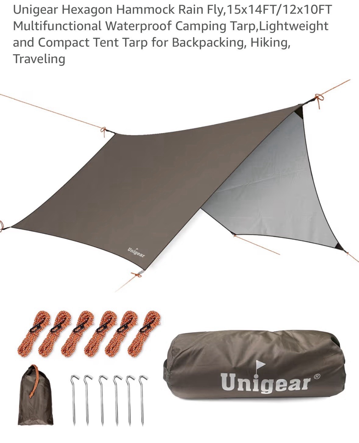 Unigear Hammock Rain Fly, Ultralight Waterproof Camping Tarp, 9.8*9.8ft, Brown