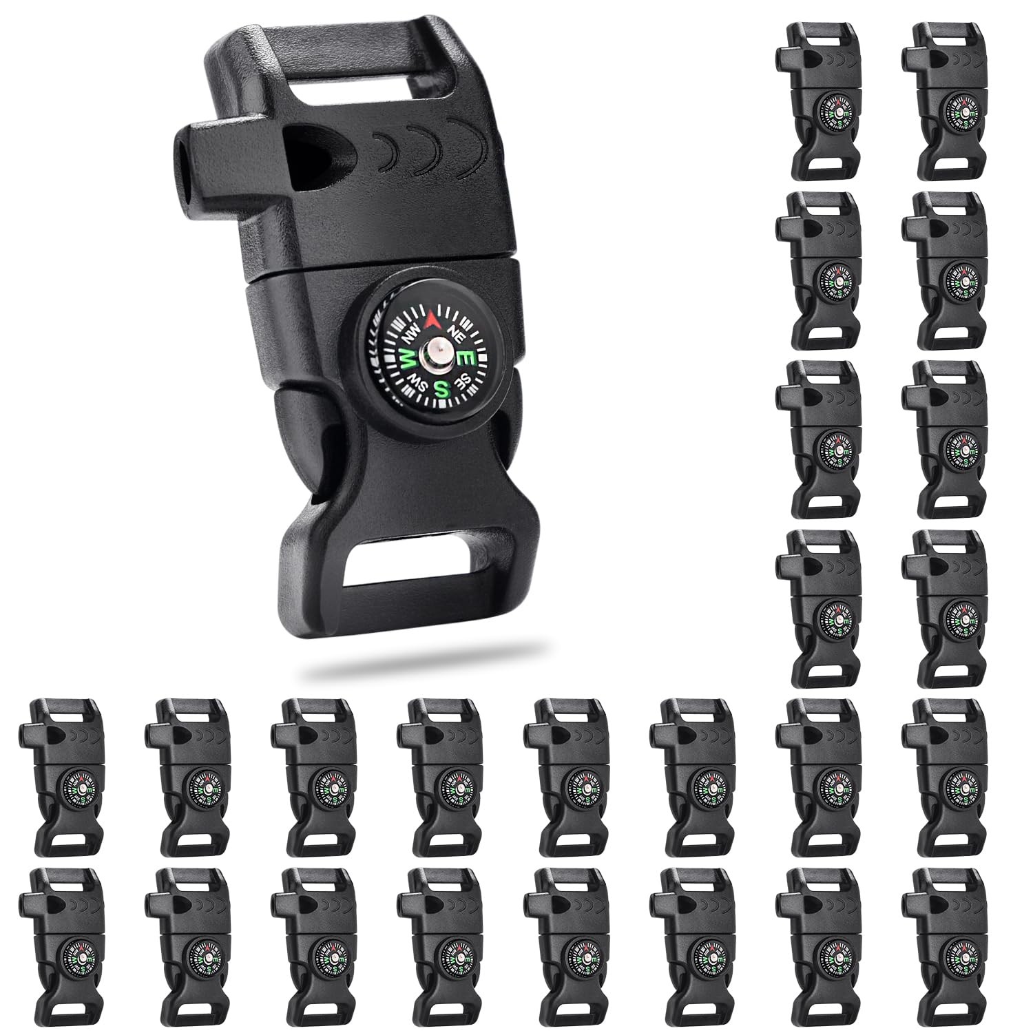 25 Pack 5/8 Inch Paracord Buckle with Whistle Compass, Side Release Plastic B…
