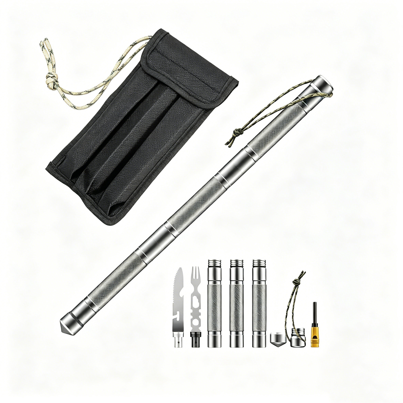 Detachable Aluminum Survival Rod, Outdoor Multi-Tool with Window Breaker Compass