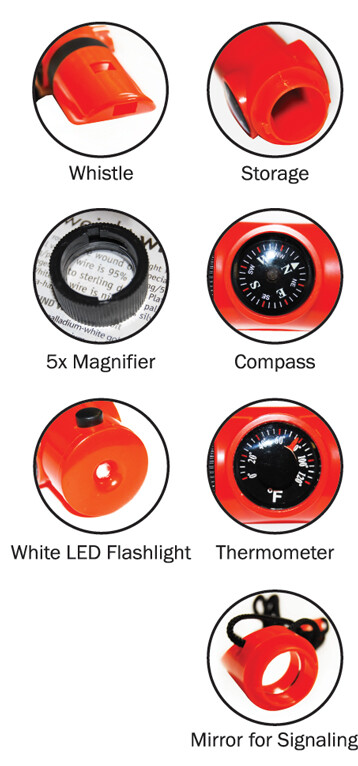 (2) 7 in 1 Whistle Compass Thermometer LED Magnifier Survival Orange Flashlight