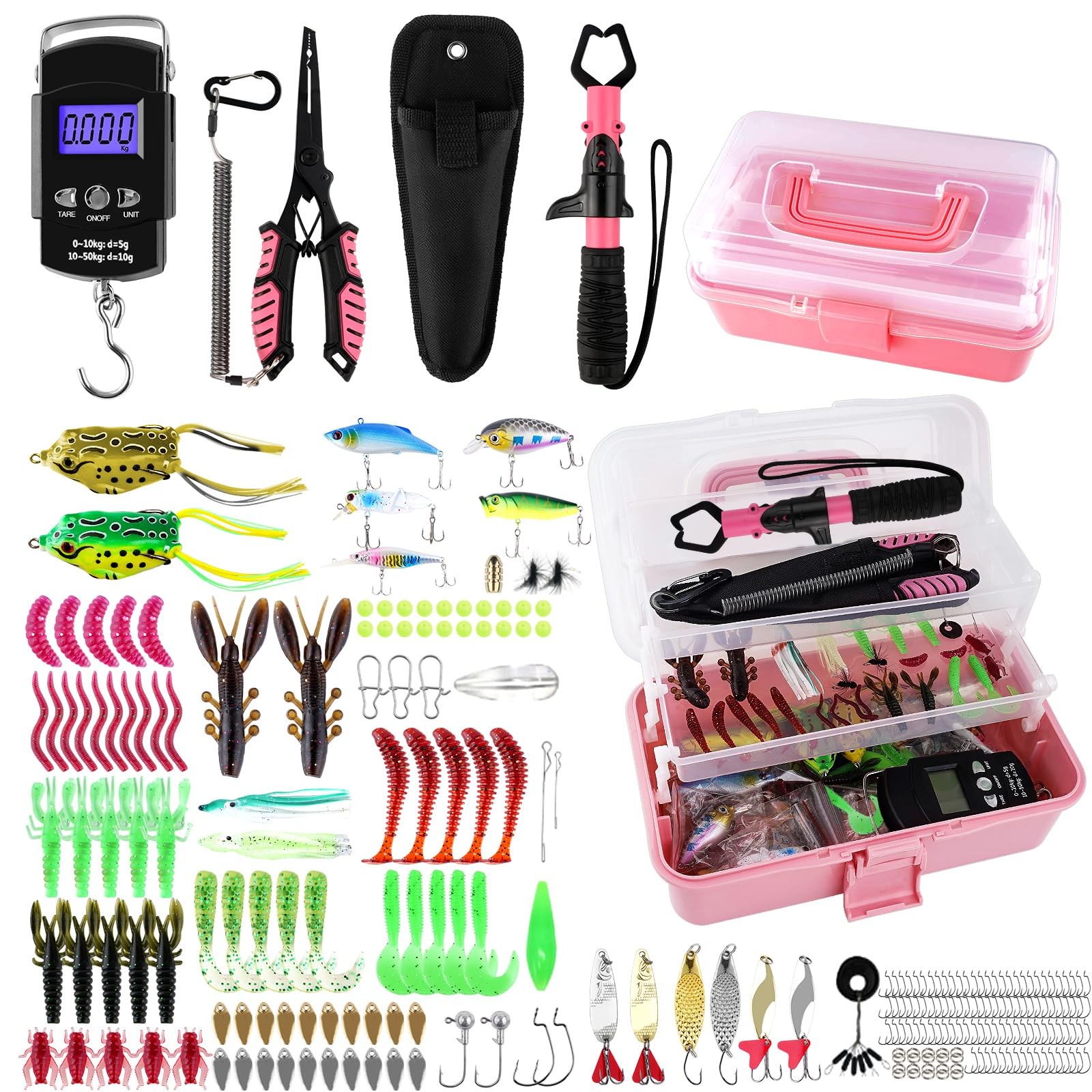 3-Layer Pink Fishing Tackle Box with Included, Tools Kit
