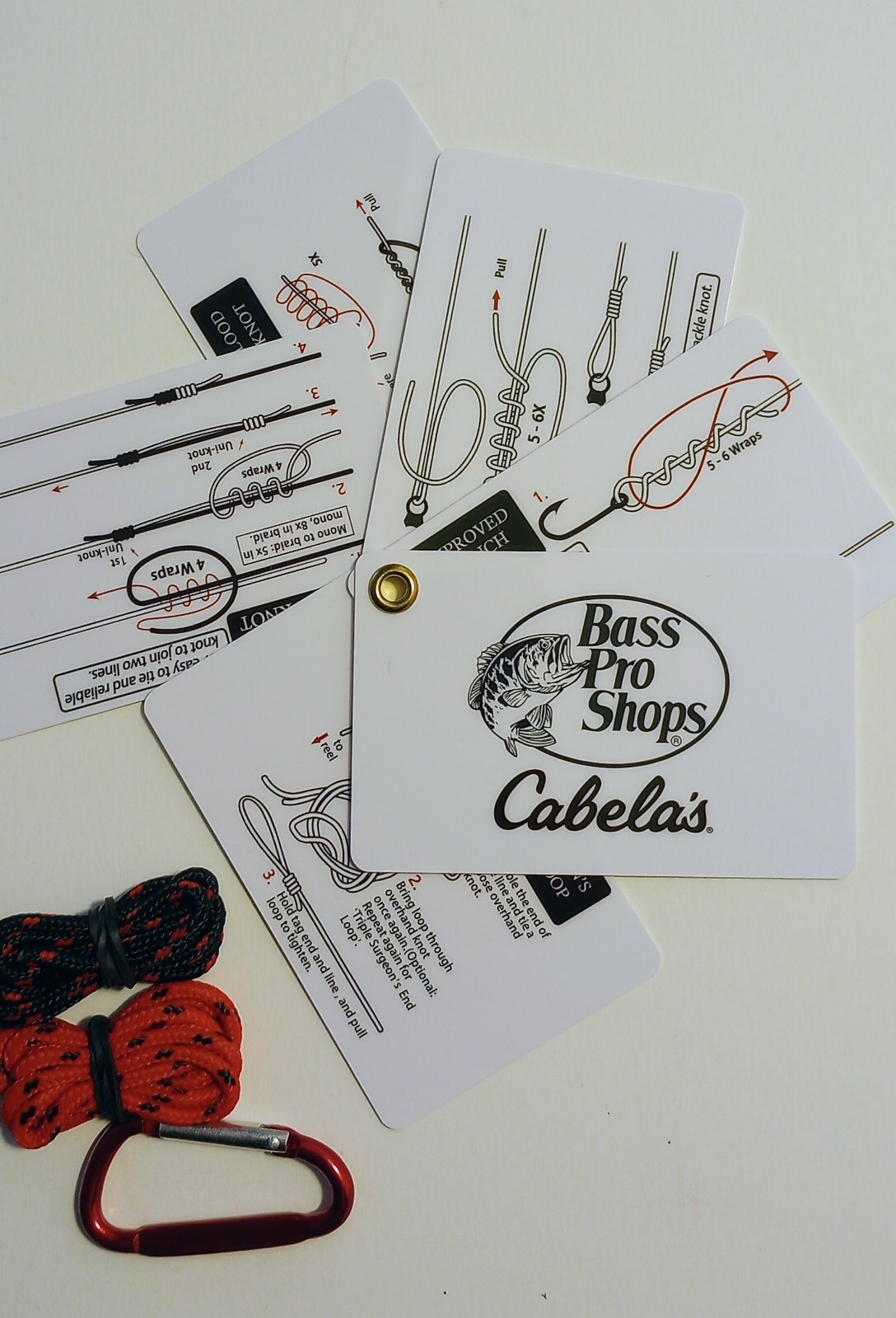 Cabela’s Knot Tying Kit Wallet Size Cards – 2 Practice Cords – Carabiner NEW