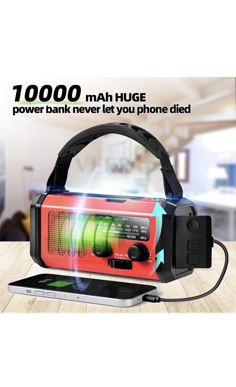 Emergency Hand Crank Solar Radio, Flashlight, LED Lamp, SOS Alarm, Red/Black