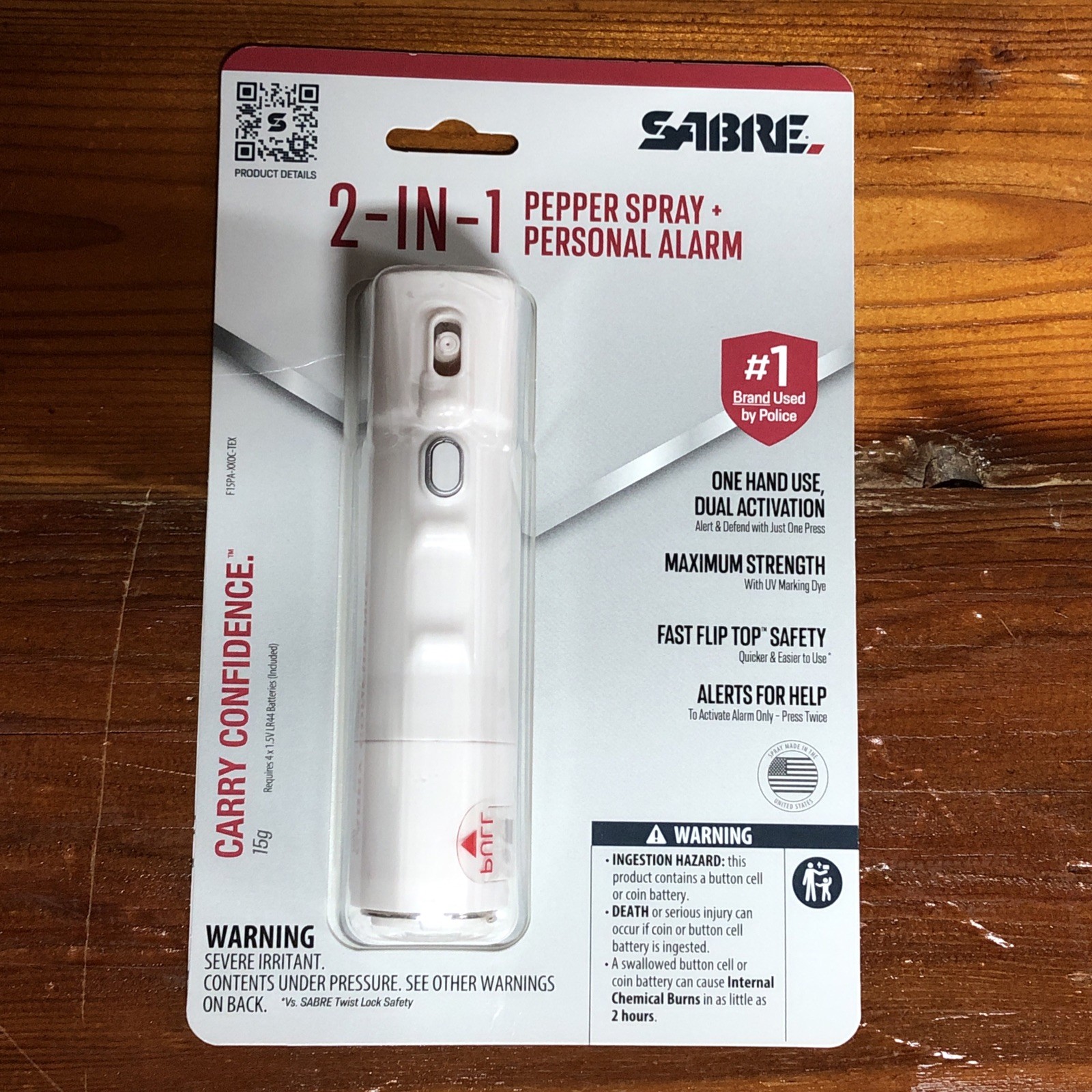 Sabre 2-in-1 Pepper Spray Flip Top 54oz Snow White UV Dye w/Built-in 130dB Alarm