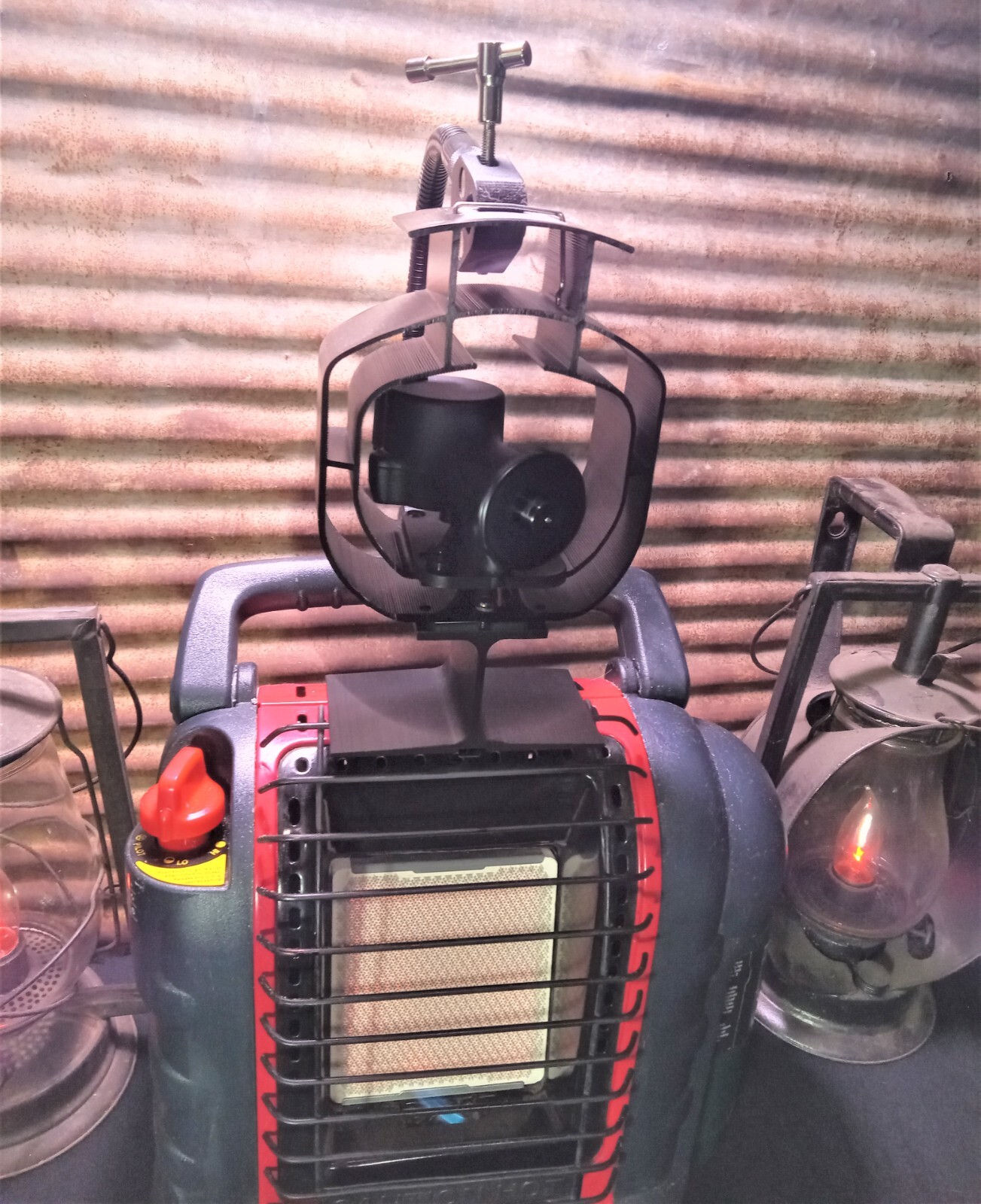 Mr. Heater “Buddy” Single Tank Wood Stove, Heat Powered Fan Mount. Custom Built.
