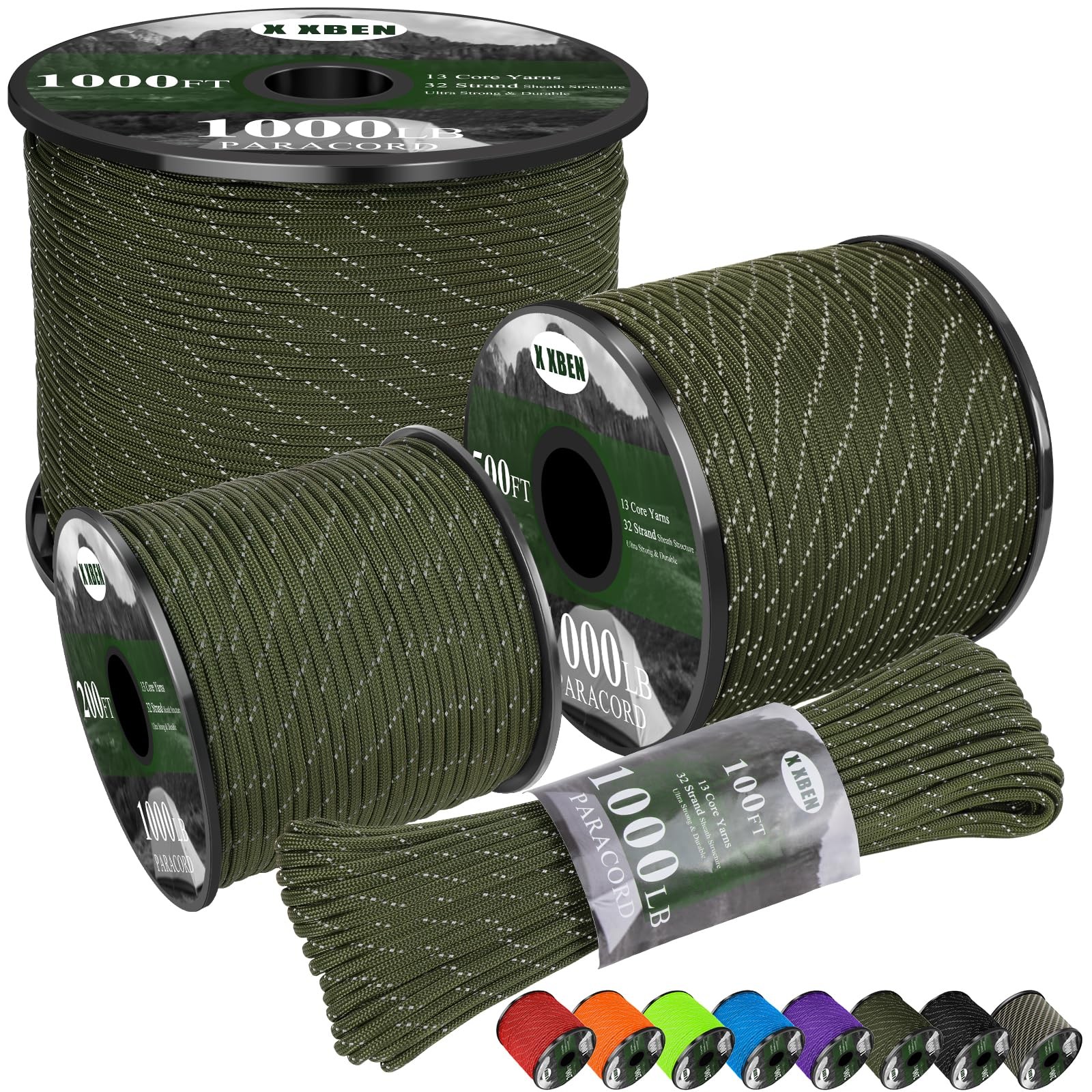 X XBEN Paracord Reflective 1000lb, 50/100/200/500/1000ft 100ft, Army Green