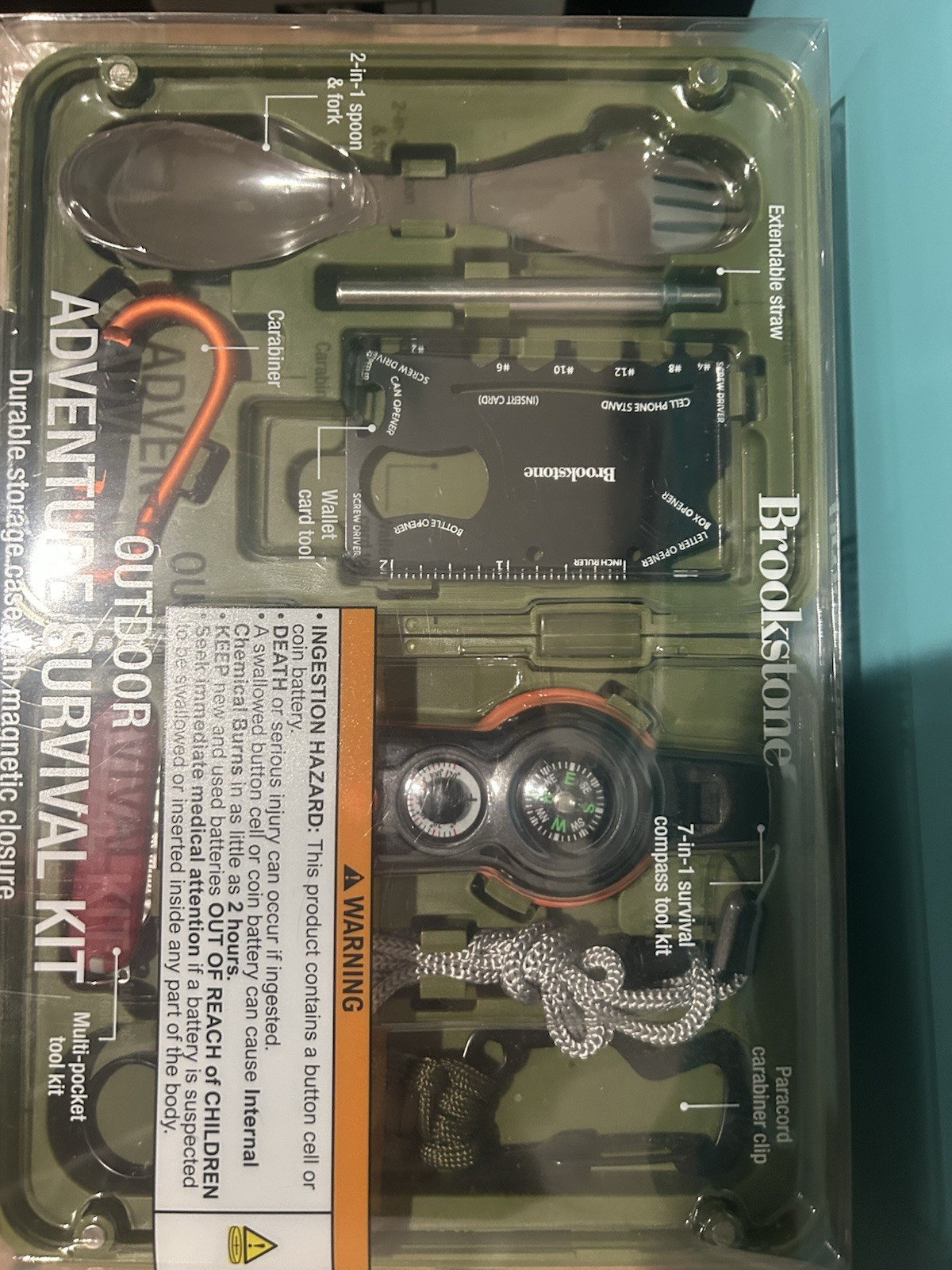 Brookstone 7-in-1 Survival Compass Kit Green Whistle LED Flashlight Magnifier