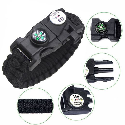 Outdoor Bracelet with LED Light Compass Whistle Flint Survival Gear Kit