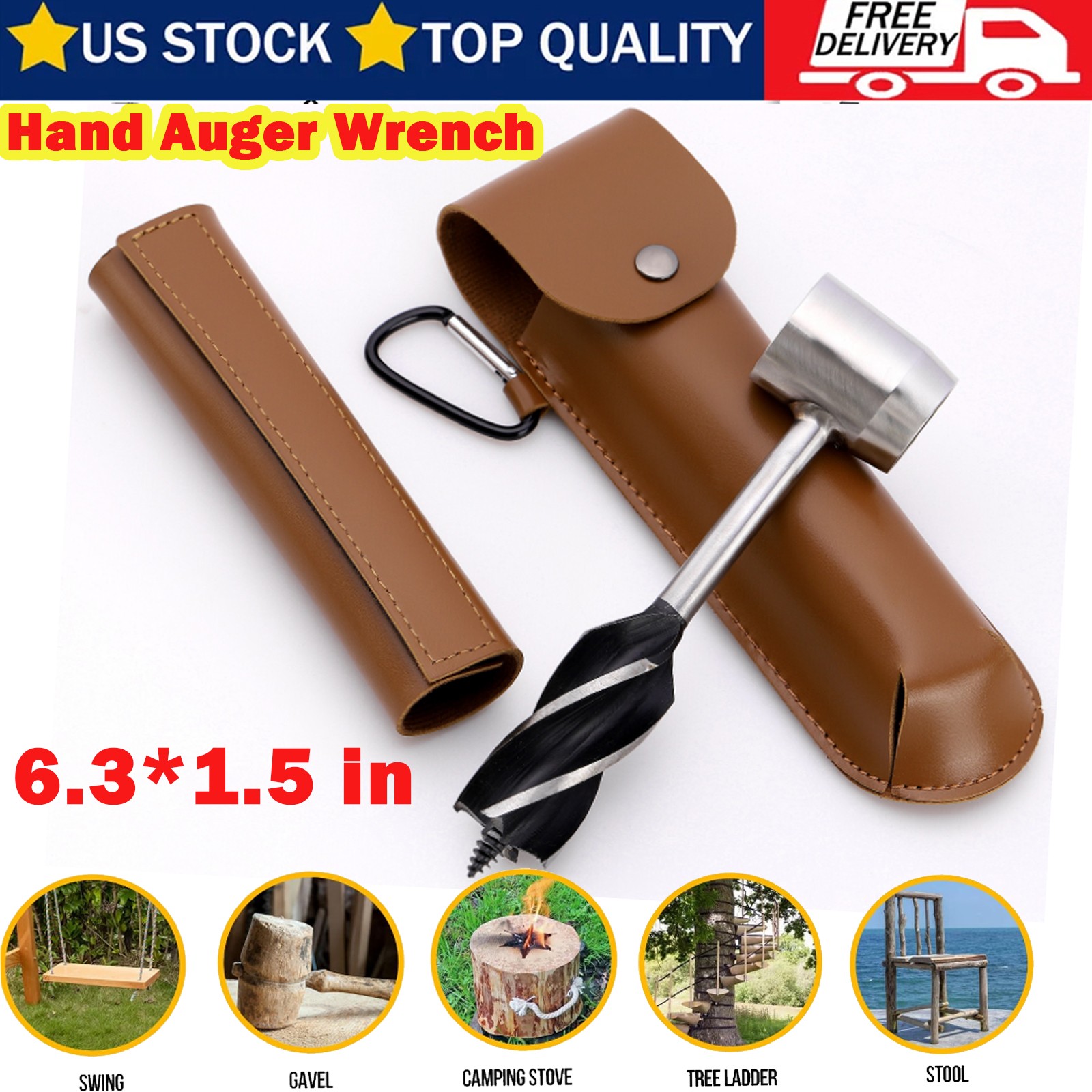 Hand Auger Wrench 1X 6.3in Stainless Steel Manual Drill with Brown Leather Case