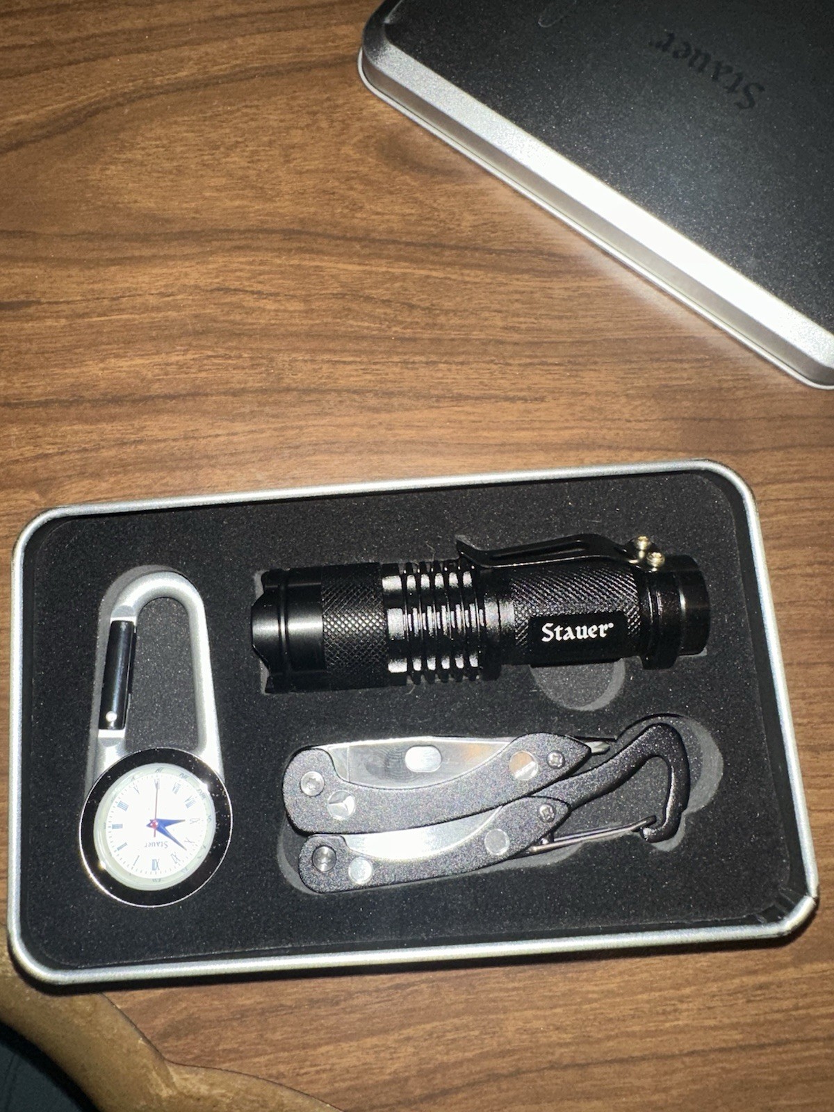 Stauer Survival Box Kit Original Stainless Steel Box Flashlight Watch Multitool