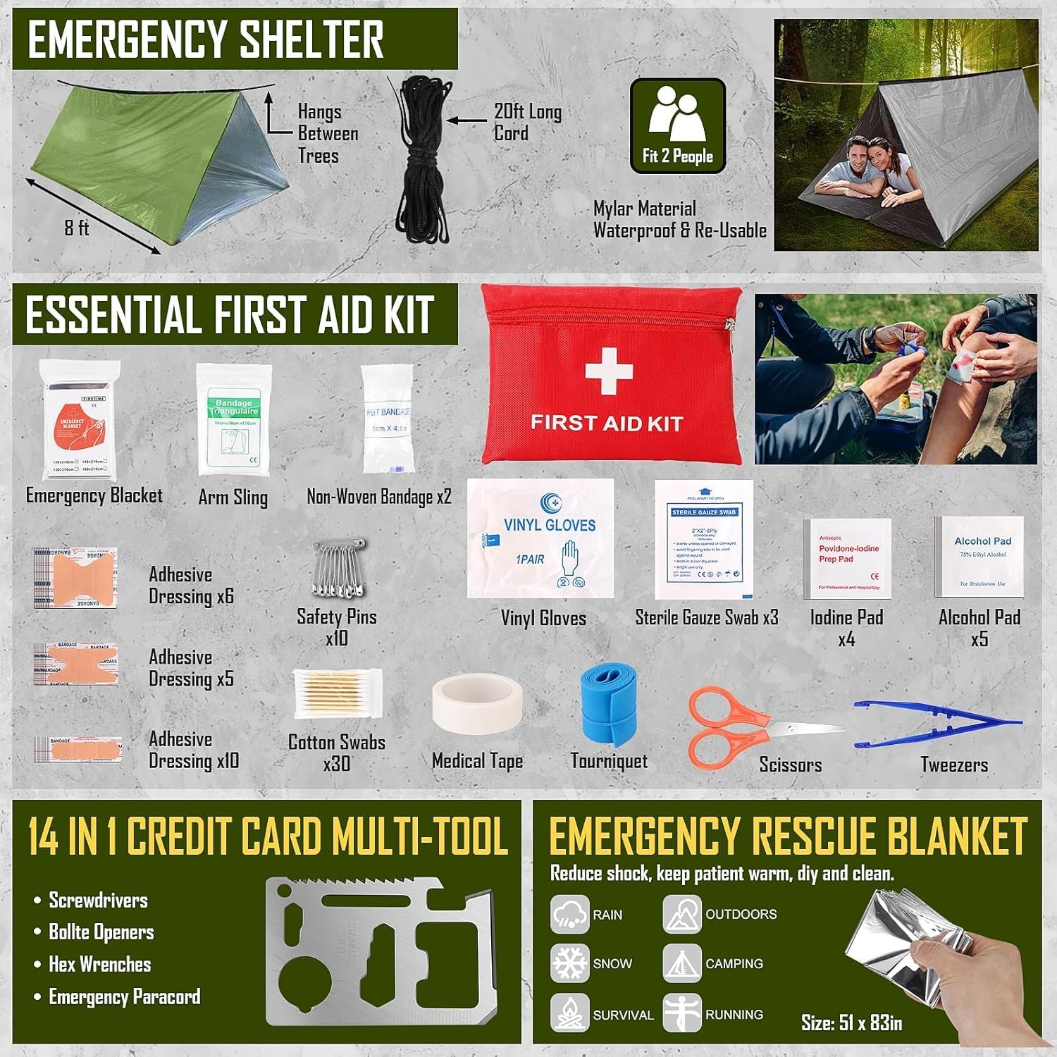 Survival Kit 268 Pcs Emergency Gear Equipment Supplies First Aid Camping Axe