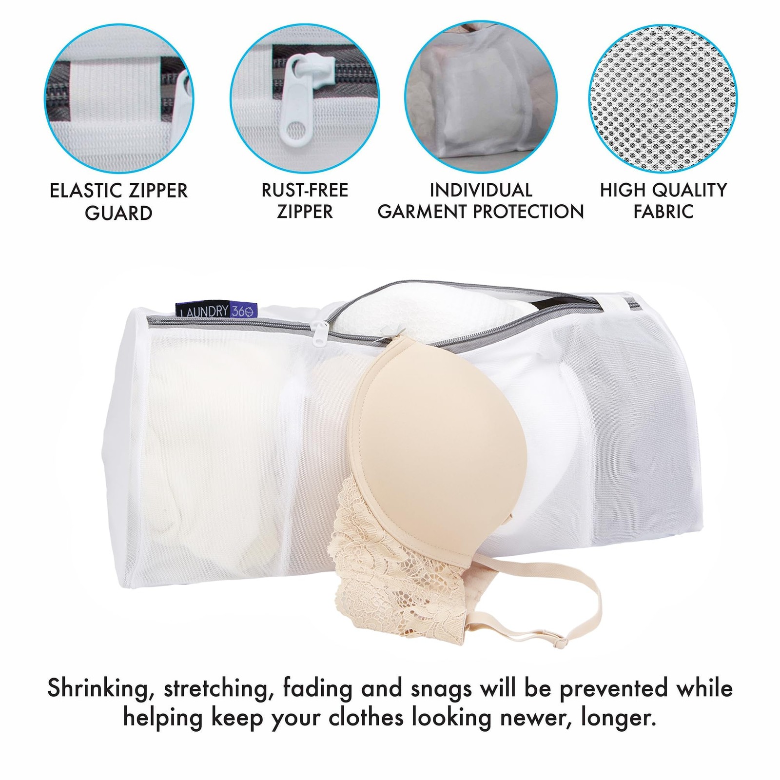 Laundry 360 4 Compartment Hosiery Wash Bag Hoisery Bag, White