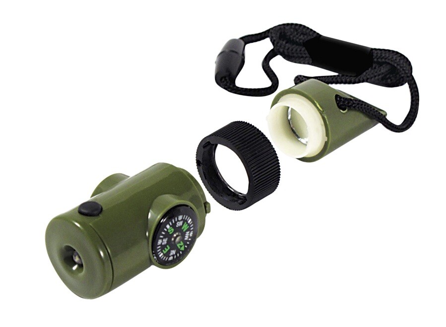 7-In-1 Emergency Survival Whistle Compass Thermometer LED Flashlight Magnifier