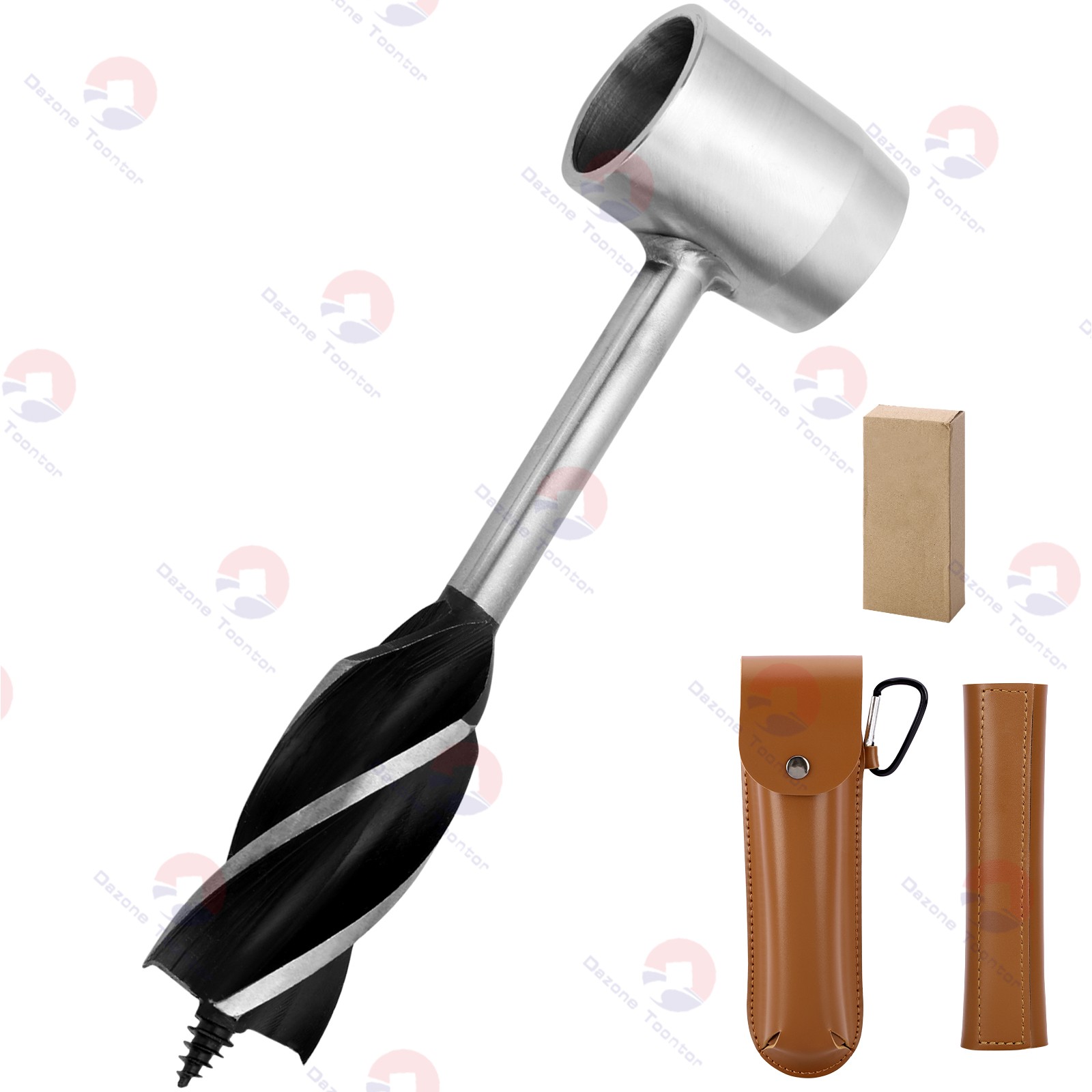Hand Auger Wrench 1X 6.3in Stainless Steel Manual Drill with Brown Leather Case
