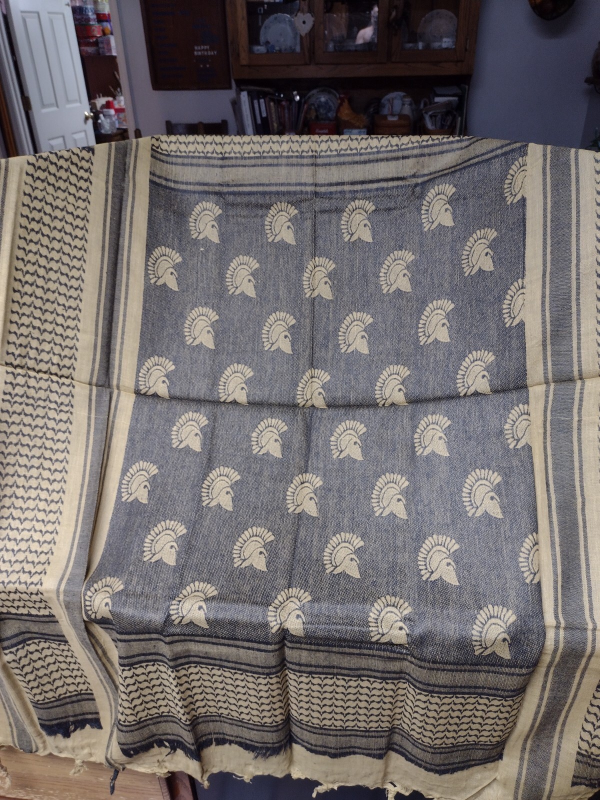 SET OF 2 SHEMAGH SCARVES RIFLES TROJAN HEADS DESIGNS DESERT TAN COLOR