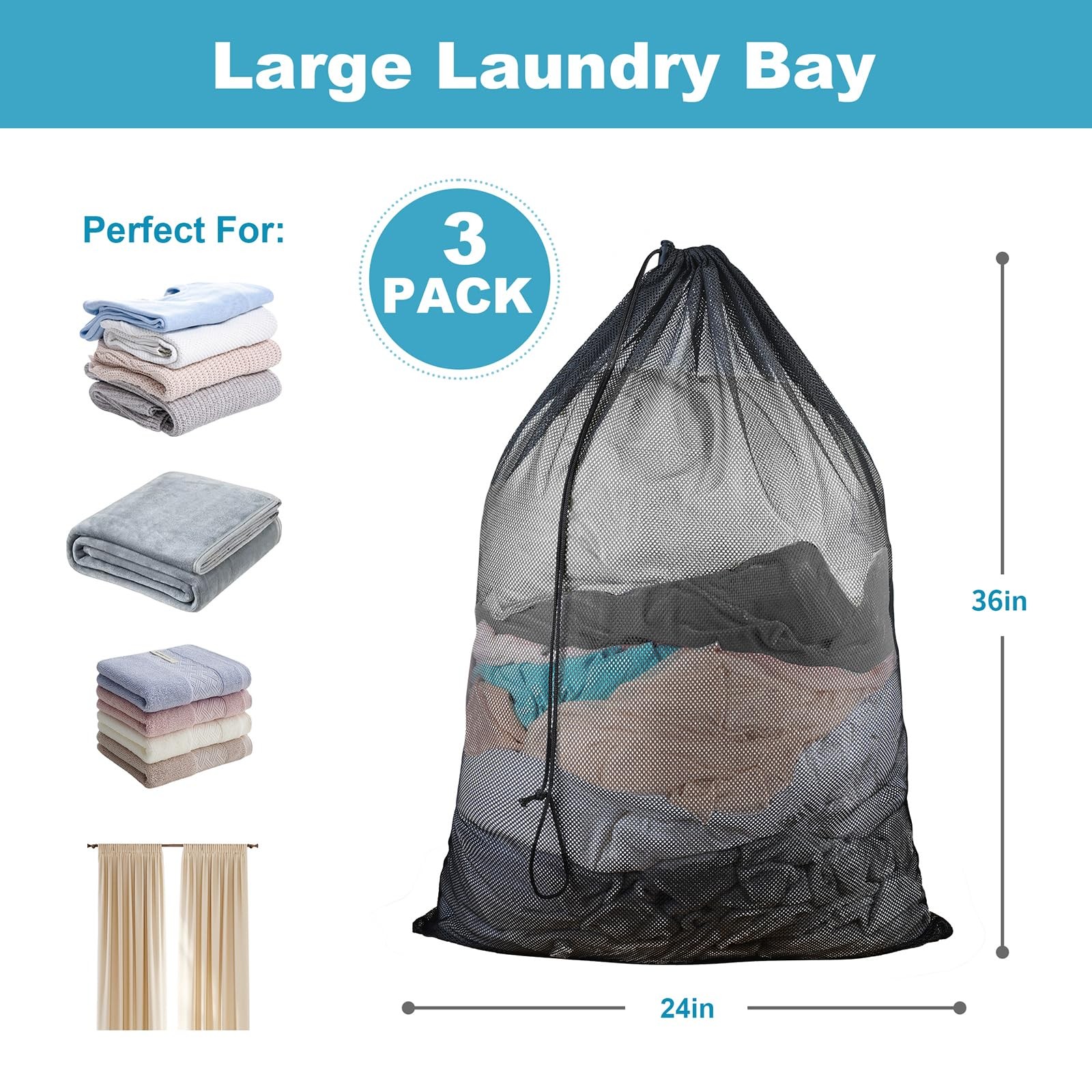 EyvirQic 3 Pack Large Mesh Laundry Bag, 24 x 36 Inch Wash Large, black