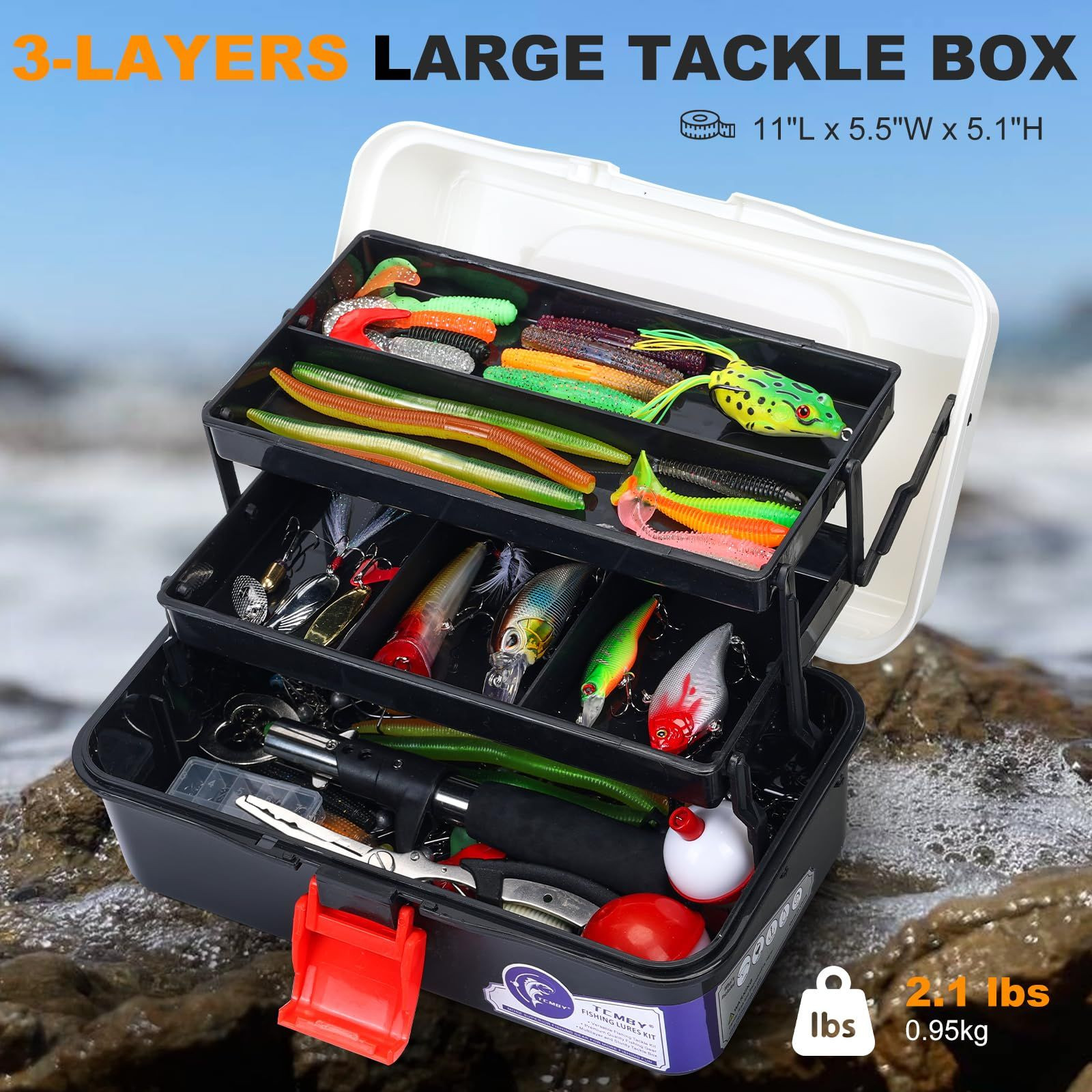 TCMBY 3 Layers Tackle Box with 11.0*5.5*5.1 inches, White Black