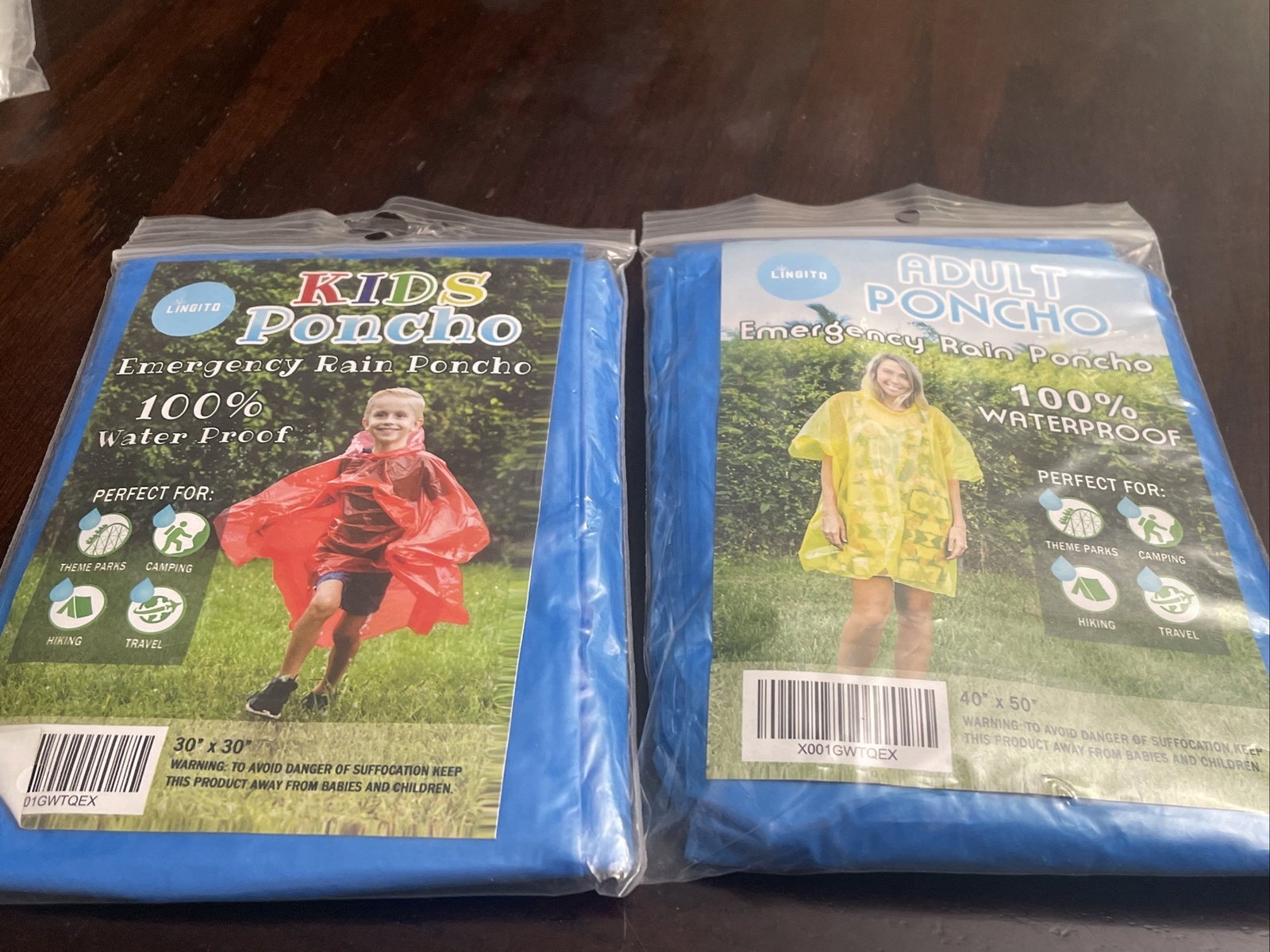 Hooded Packable Emergency Rain Poncho Adult & Child Sizes Waterproof Camp/Sports