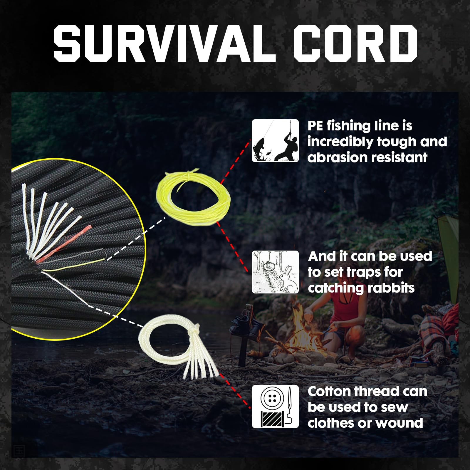 Survival Paracord 550 Fire Survivor Cord Nlyon Rope 10 100FT, Black