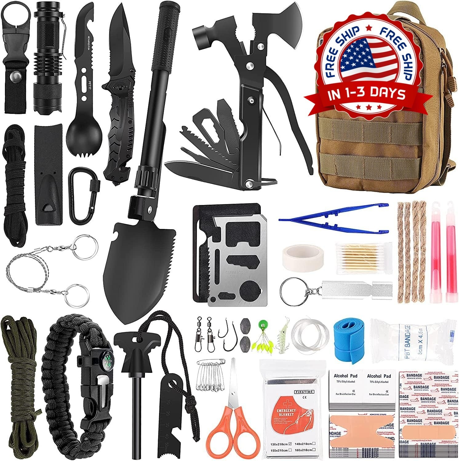 Kit de supervivencia, 142 piezas, botiquín de primeros auxilios para senderismo