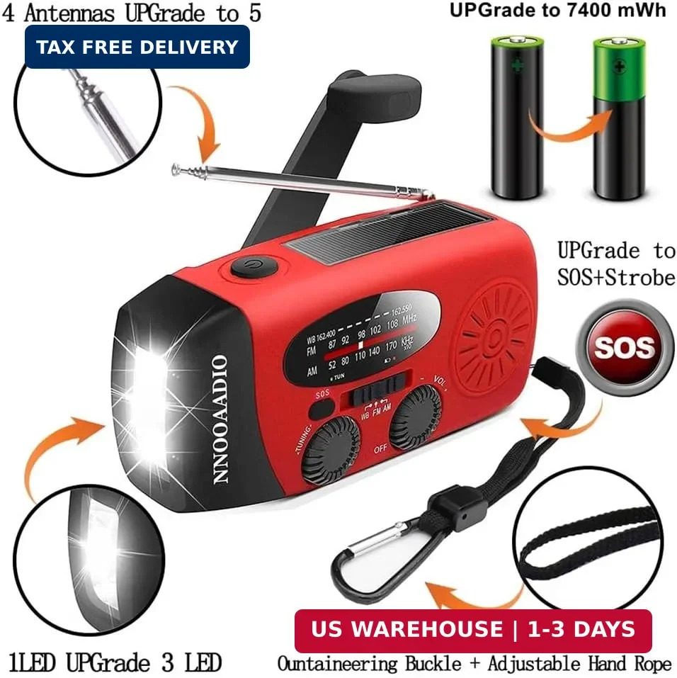 2000mAh SOS Alarm Emergency AM FM Weather Radio, 3LED Type-C Hand Crank Solar Ba
