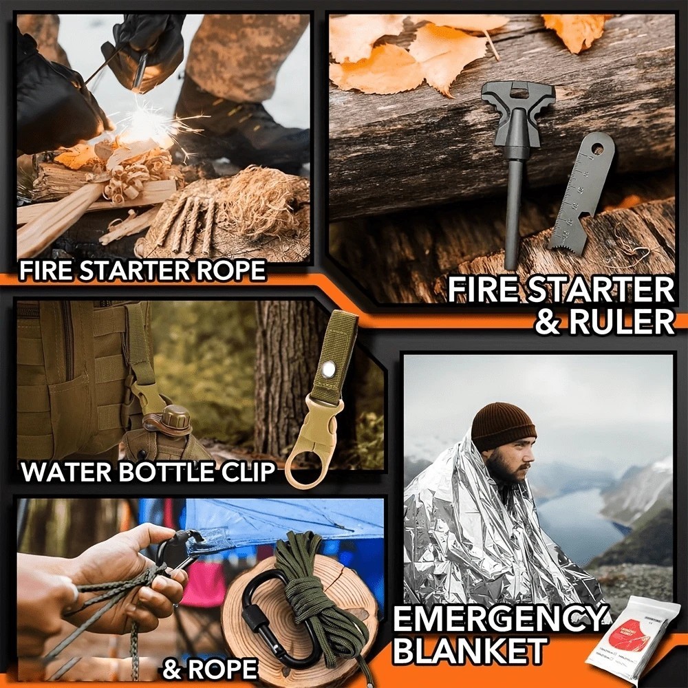 19 In 1 Emergency Survival Kit Tactical Gear Knife Compass Mens Camping Gift