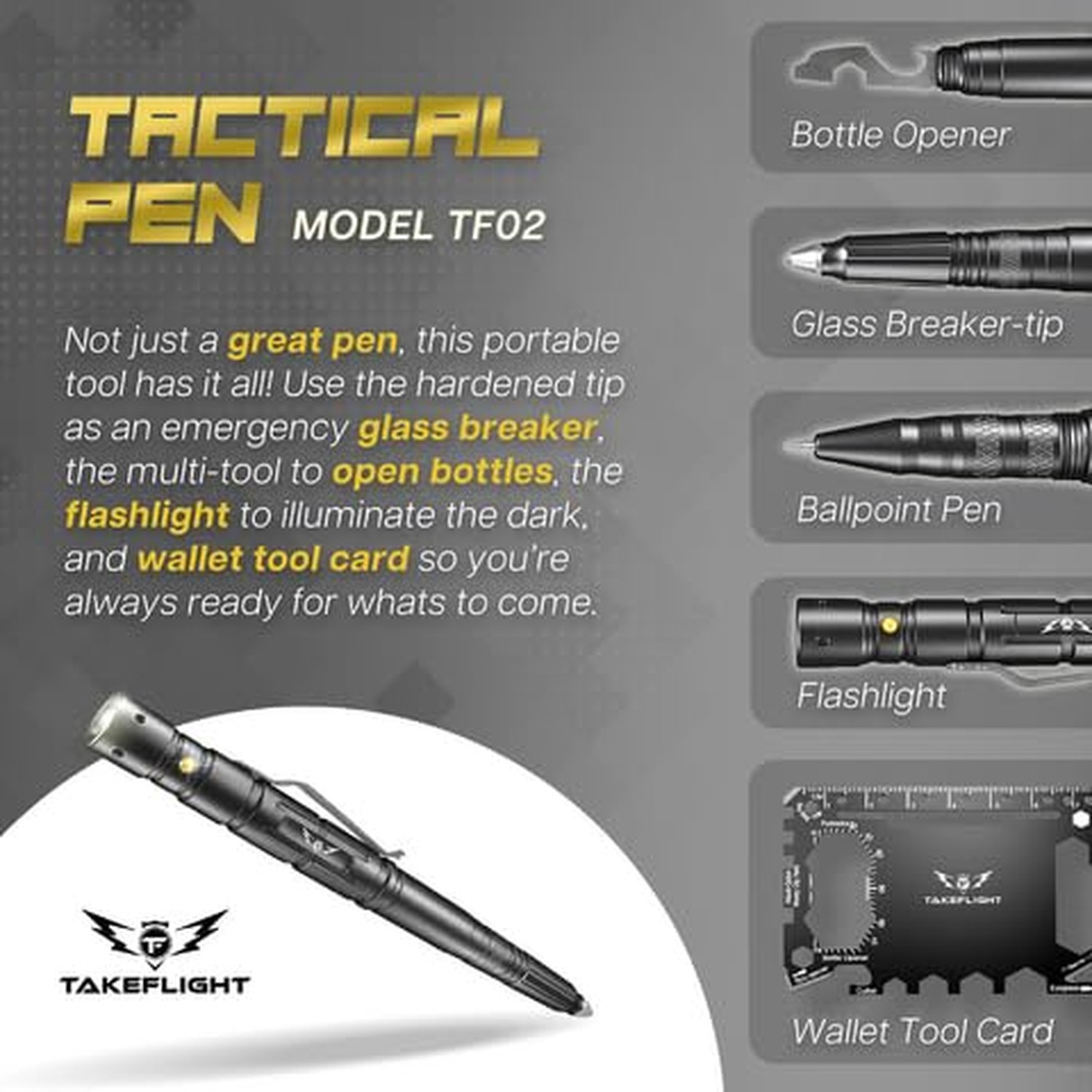 Tactical Pen with Flashlight – Multitool EDC Pen with Glass Breaker & Bott